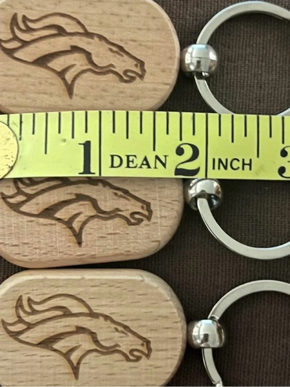 Set of 3 Wooden Keychains with Engraved Broncos Logo - Natural Brown